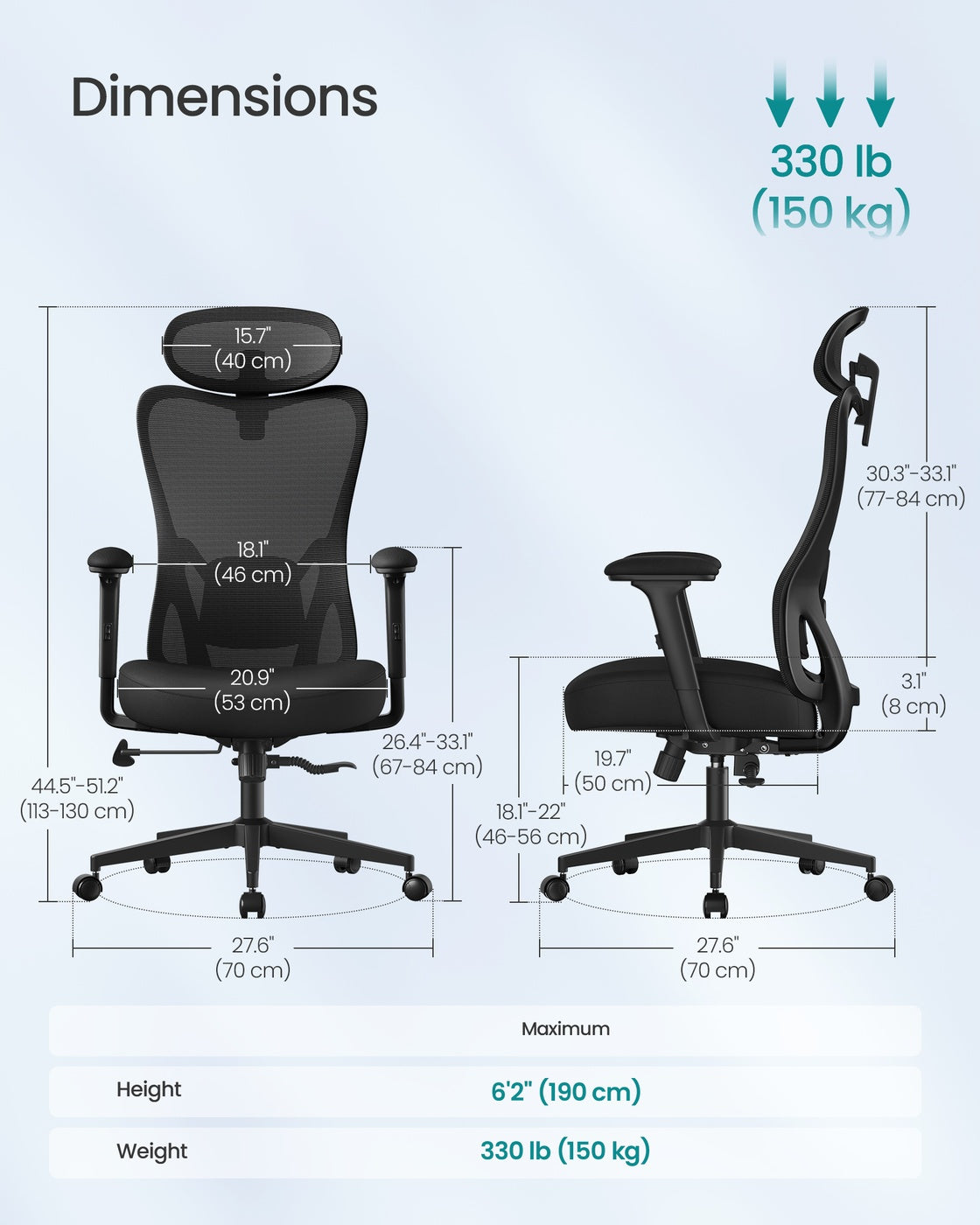 Ergonomic Office Chair – Fabric – Ink Black – Adjustable Lumbar Support and Headrest, 150 kg Weight Capacity