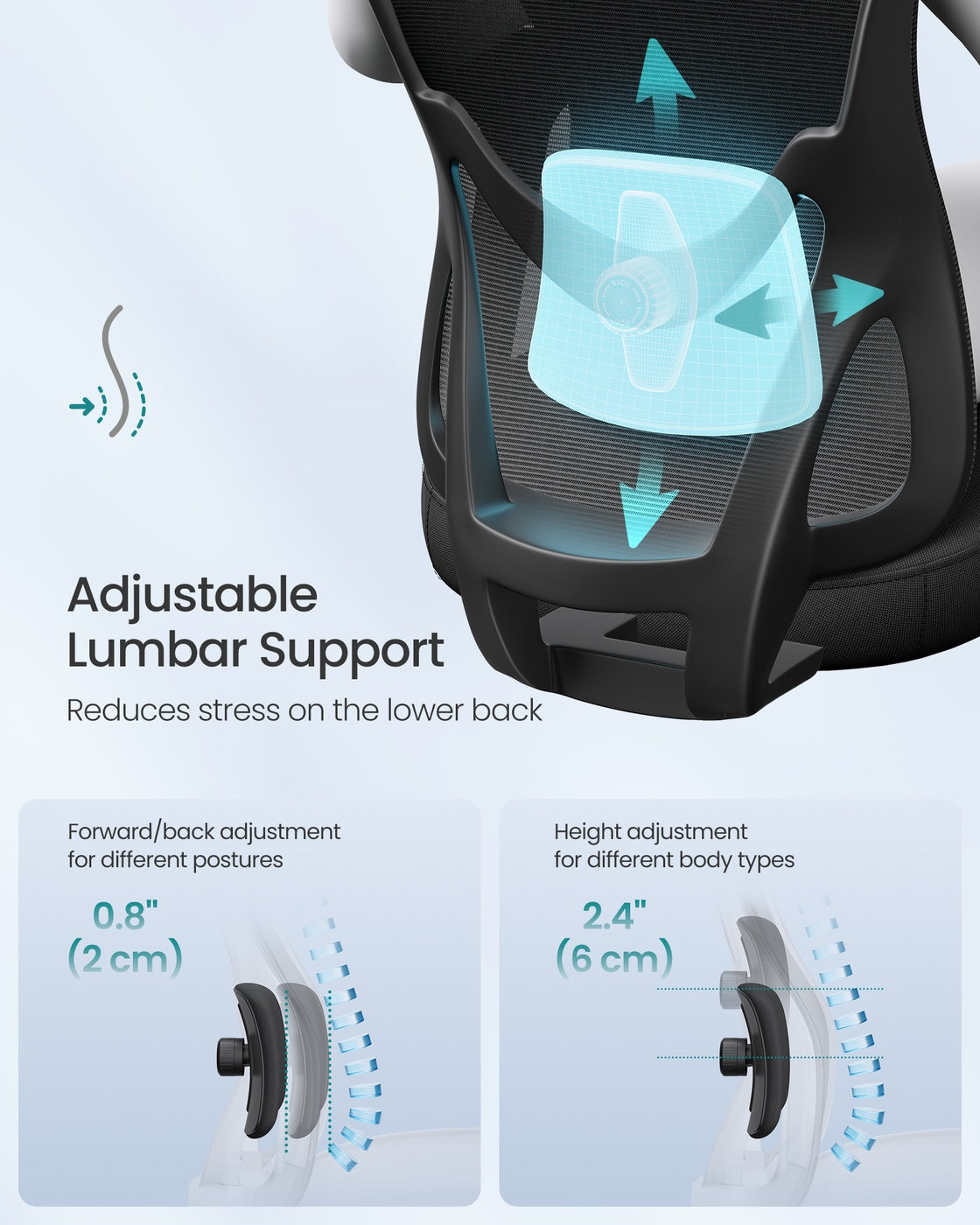 Ergonomic Office Chair – Fabric – Ink Black – Adjustable Lumbar Support and Headrest, 150 kg Weight Capacity