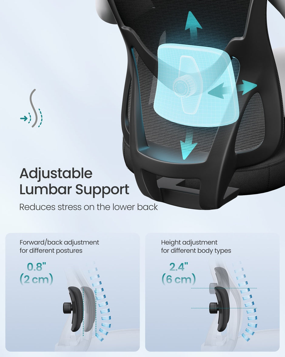 Ergonomic Office Chair – Fabric – Ink Black – Adjustable Lumbar Support and Headrest, 150 kg Weight Capacity