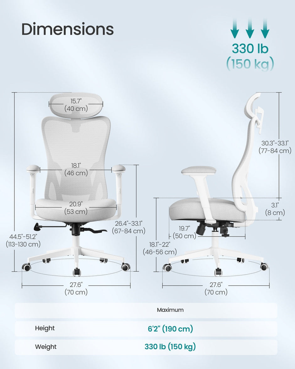 Ergonomic Office Chair – Fabric – Ink Black – Adjustable Lumbar Support and Headrest, 150 kg Weight Capacity