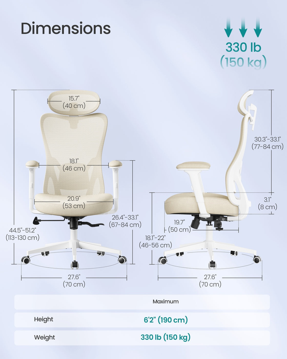 Ergonomic Office Chair – Fabric – Ink Black – Adjustable Lumbar Support and Headrest, 150 kg Weight Capacity