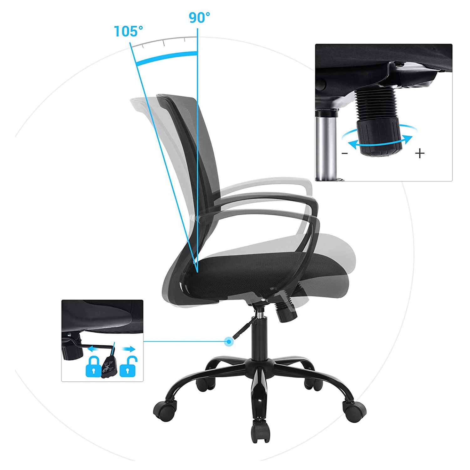 Swivel Mesh Office Chair – Mesh – Black – Height Adjustable with Tilt Function