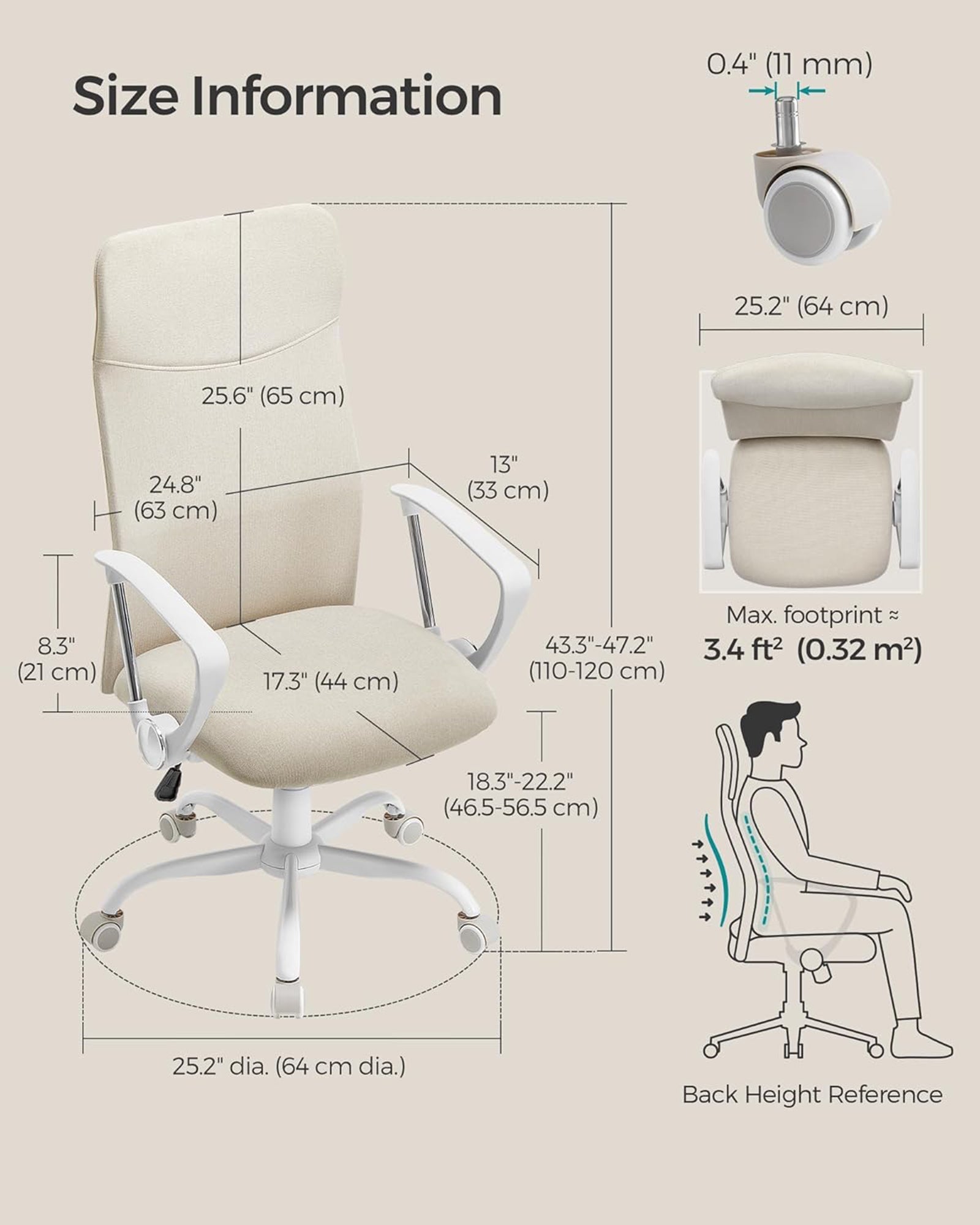Ergonomic Office Chair – Upholstered – Cappuccino Beige – Adjustable Height and Tilt Function