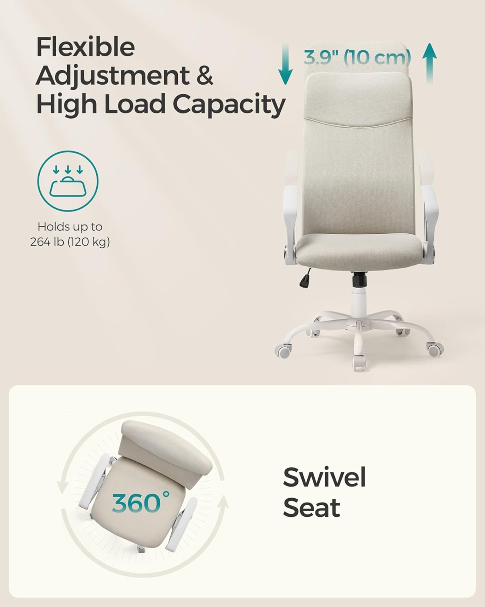 Ergonomic Office Chair – Upholstered – Cappuccino Beige – Adjustable Height and Tilt Function