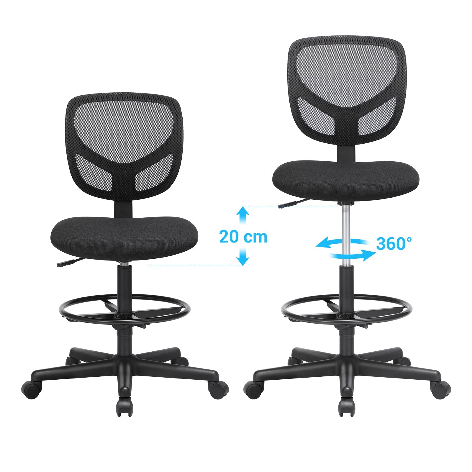 Drafting Stools – Mesh – Black – Ergonomic Design with Adjustable Height Footrest, Set of 2