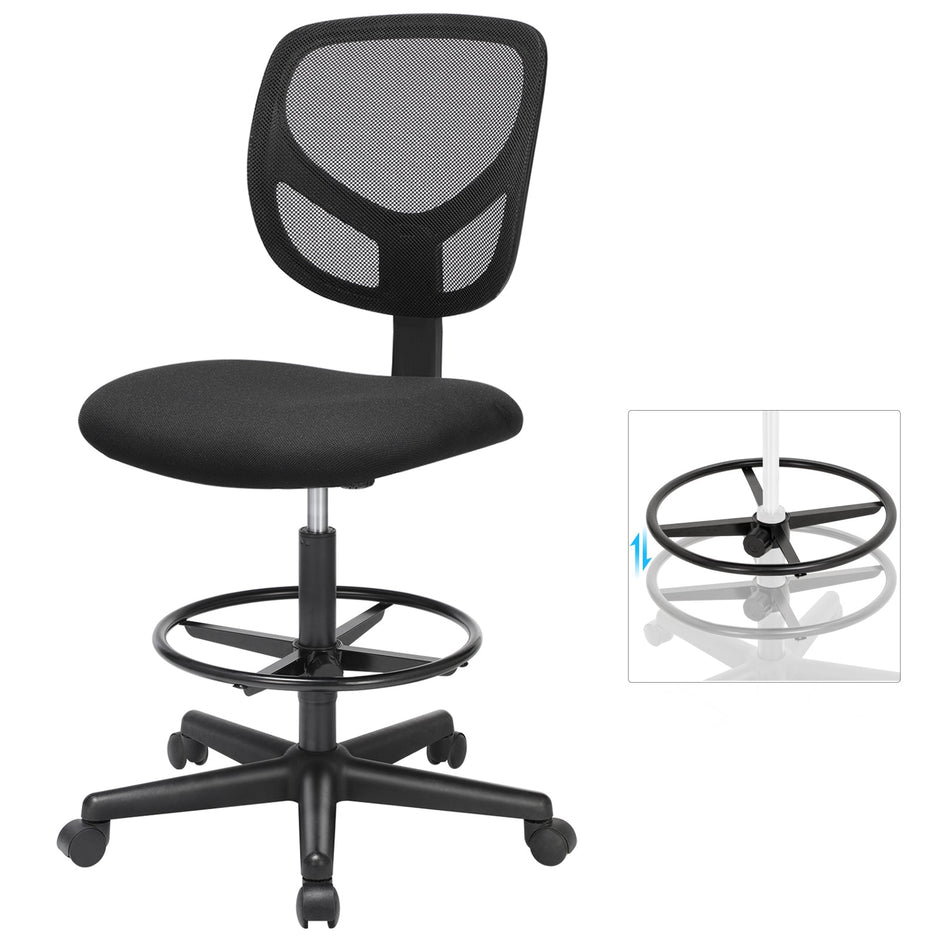 Drafting Stools – Mesh – Black – Ergonomic Design with Adjustable Height Footrest, Set of 2