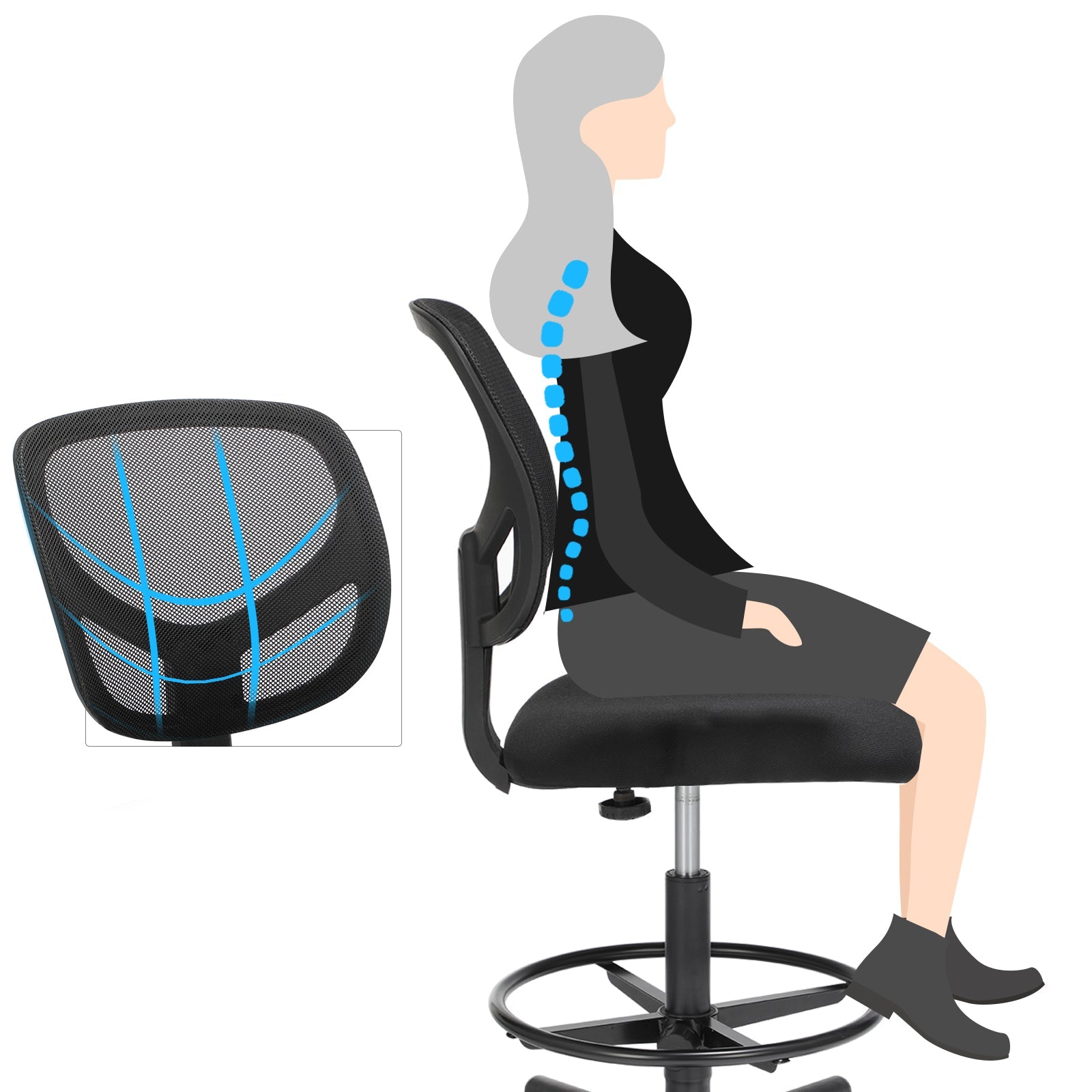 Drafting Stools – Mesh – Black – Ergonomic Design with Adjustable Height Footrest, Set of 2