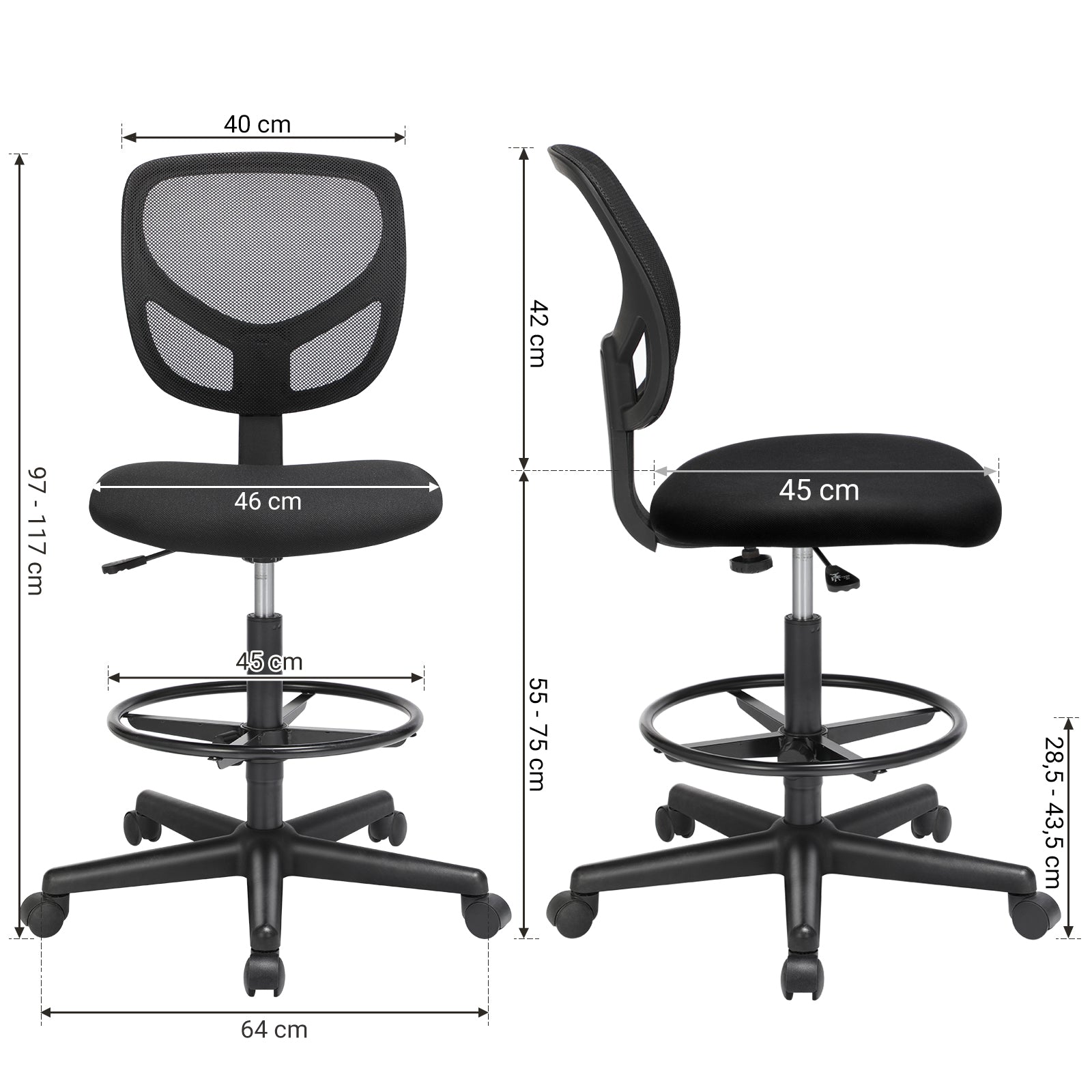 Drafting Stools – Mesh – Black – Ergonomic Design with Adjustable Height Footrest, Set of 2