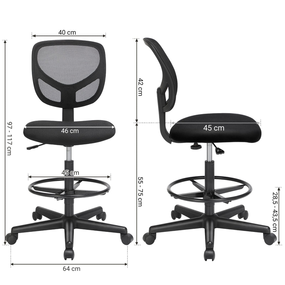 Drafting Stools – Mesh – Black – Ergonomic Design with Adjustable Height Footrest, Set of 2