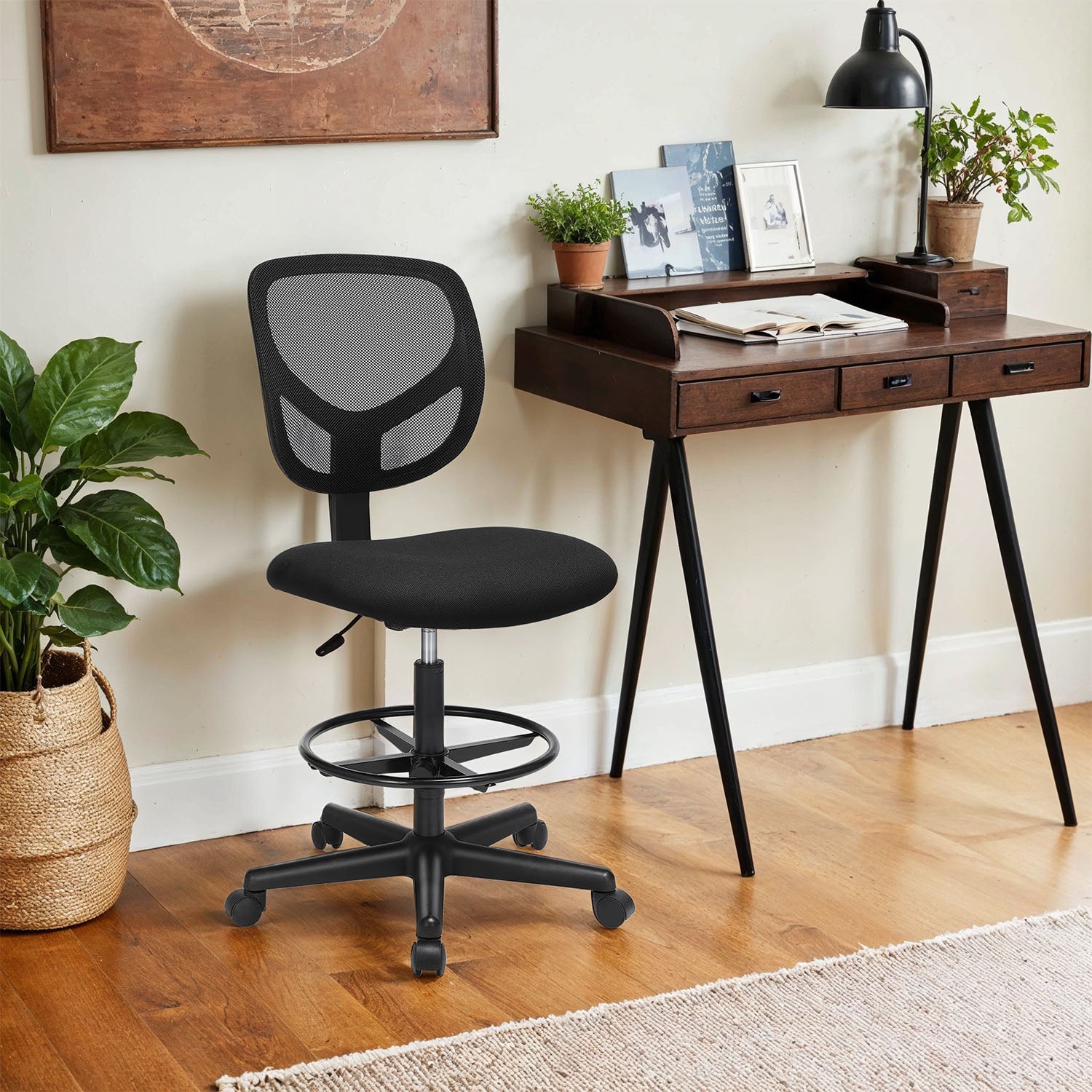 Drafting Stool Chair – Mesh – Black – Ergonomic Design with Adjustable Footrest