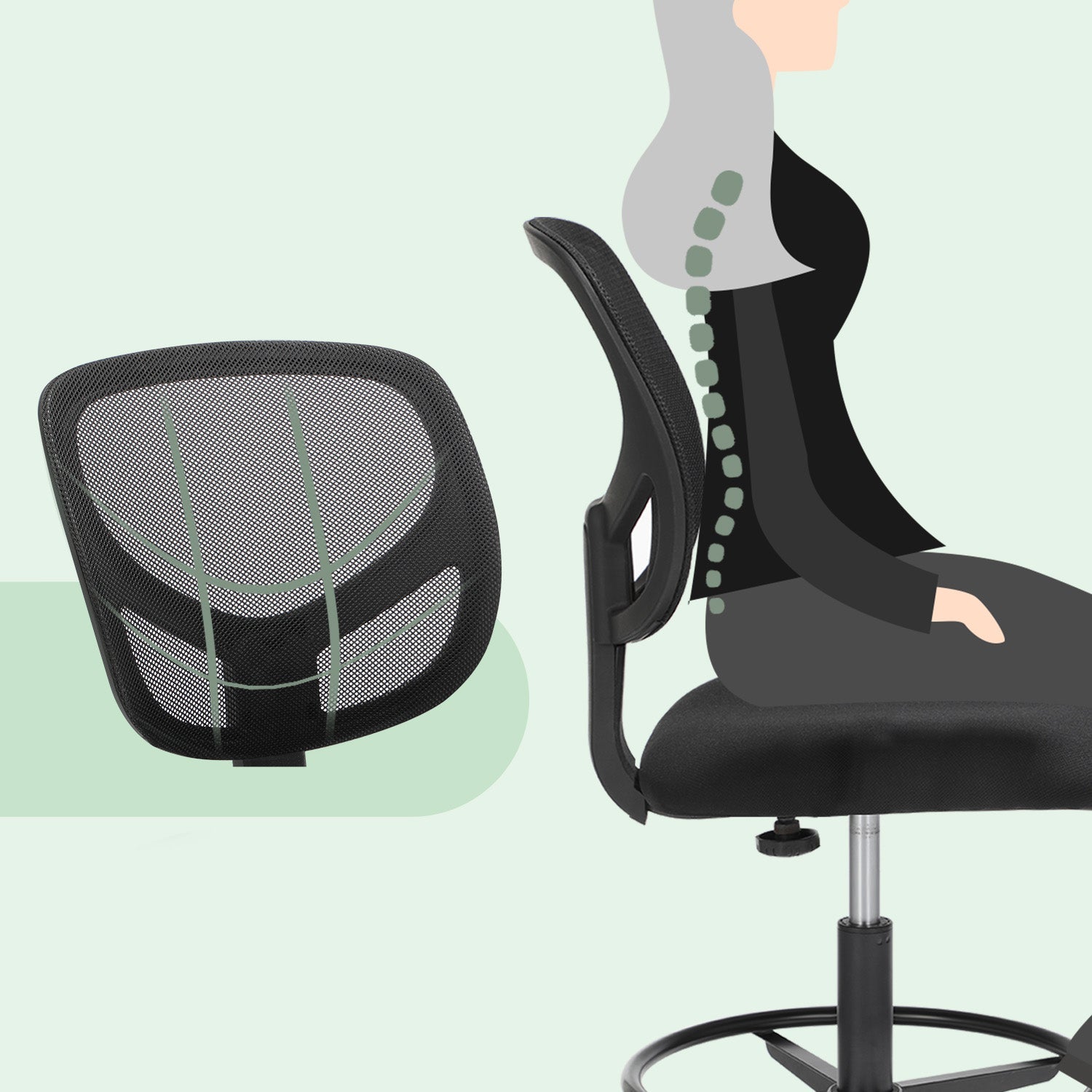 Drafting Stool Chair – Mesh – Black – Ergonomic Design with Adjustable Footrest