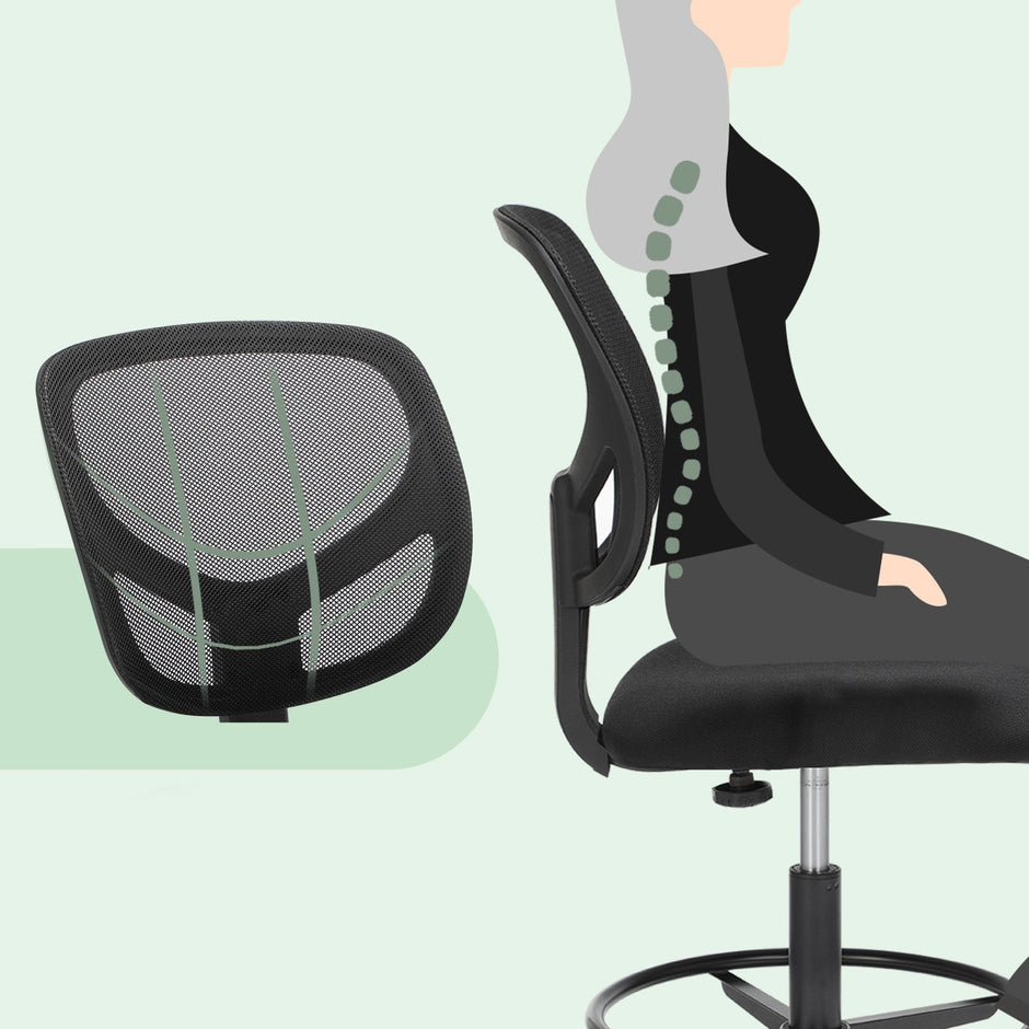 Drafting Stool Chair – Mesh – Black – Ergonomic Design with Adjustable Footrest