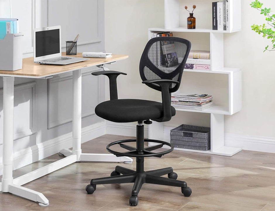 Drafting Stool – Mesh – Black – Ergonomic Design with Height Adjustable Footrest and 360° Swivel