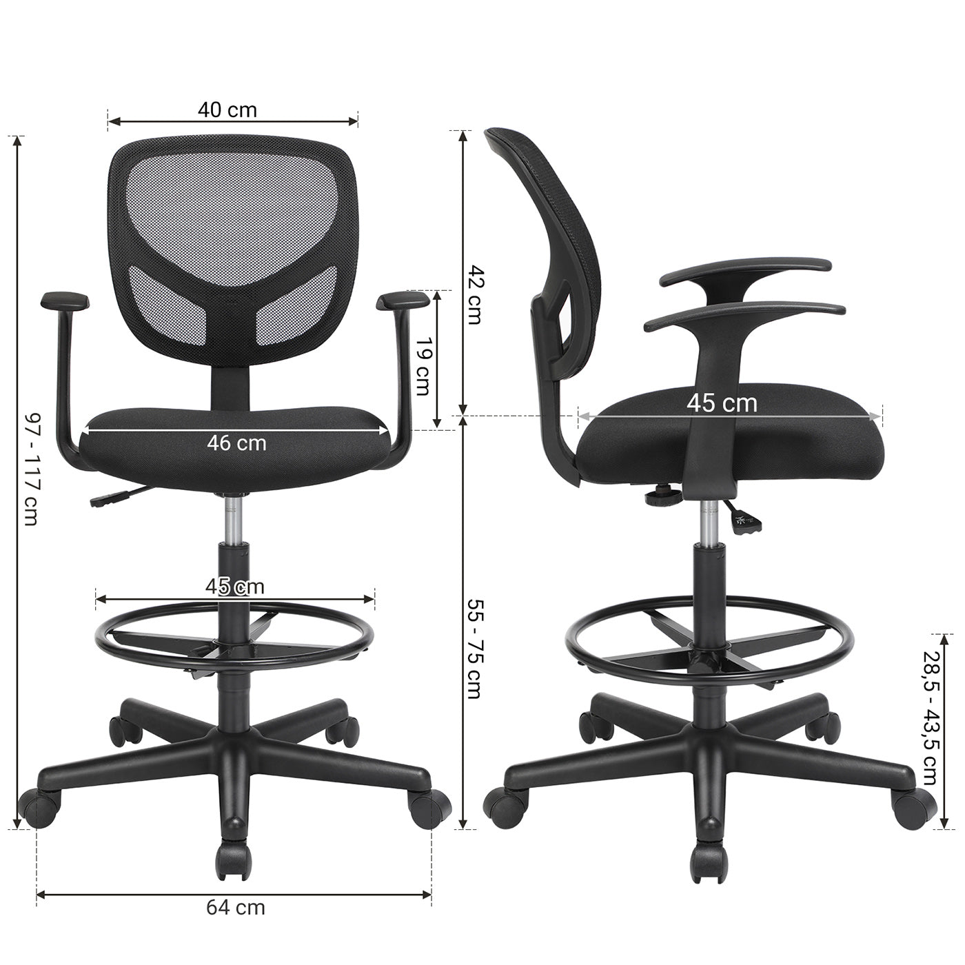 Drafting Stool – Mesh – Black – Ergonomic Design with Height Adjustable Footrest and 360° Swivel