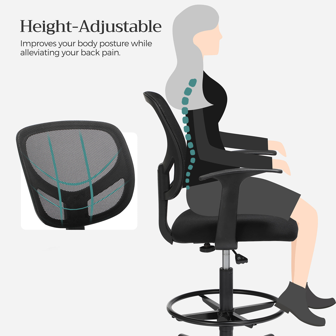 Drafting Stool – Mesh – Black – Ergonomic Design with Height Adjustable Footrest and 360° Swivel