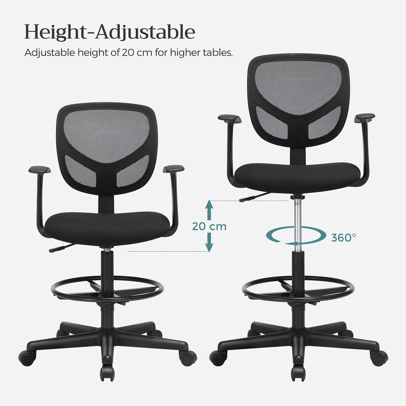 Drafting Stool – Mesh – Black – Ergonomic Design with Height Adjustable Footrest and 360° Swivel