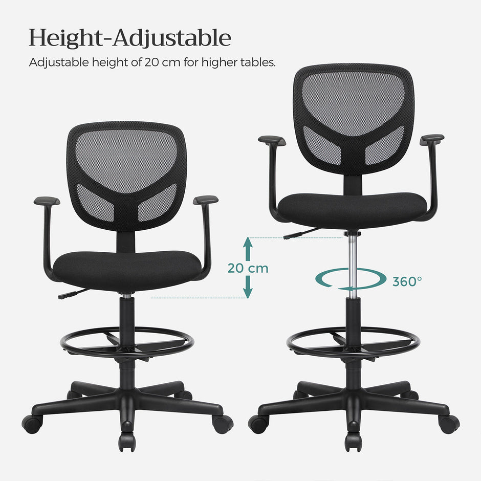 Drafting Stool – Mesh – Black – Ergonomic Design with Height Adjustable Footrest and 360° Swivel