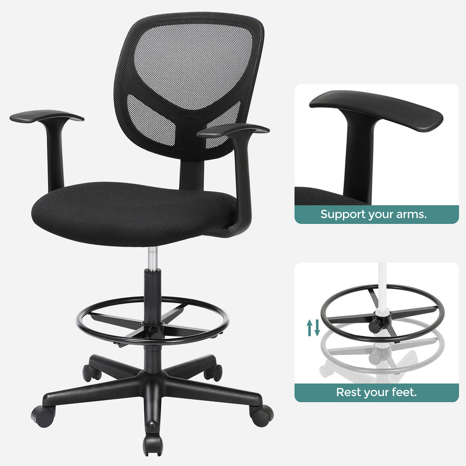 Drafting Stool – Mesh – Black – Ergonomic Design with Height Adjustable Footrest and 360° Swivel