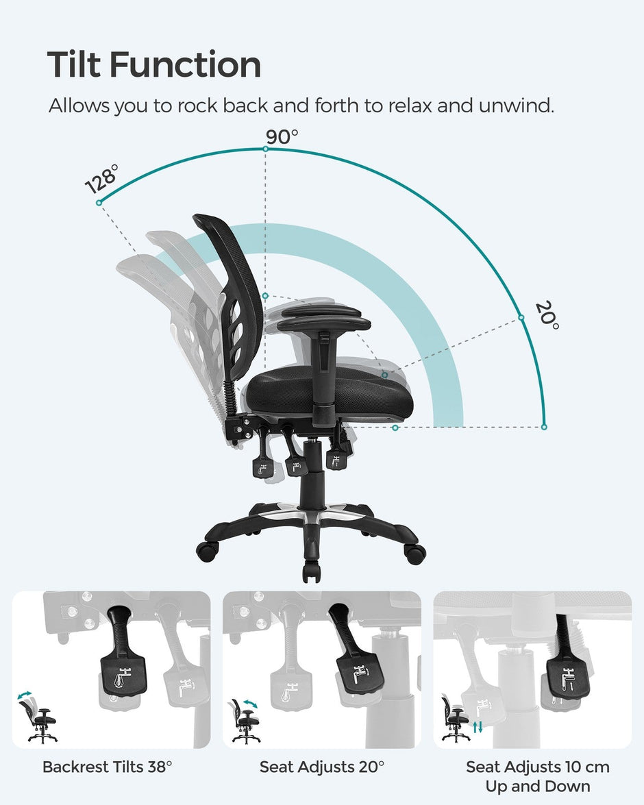 Ergonomic Mesh Office Chair – Mesh – Black – Adjustable Armrests, Height Adjustable Backrest, Tilt Function with Position Lock, Lumbar Support