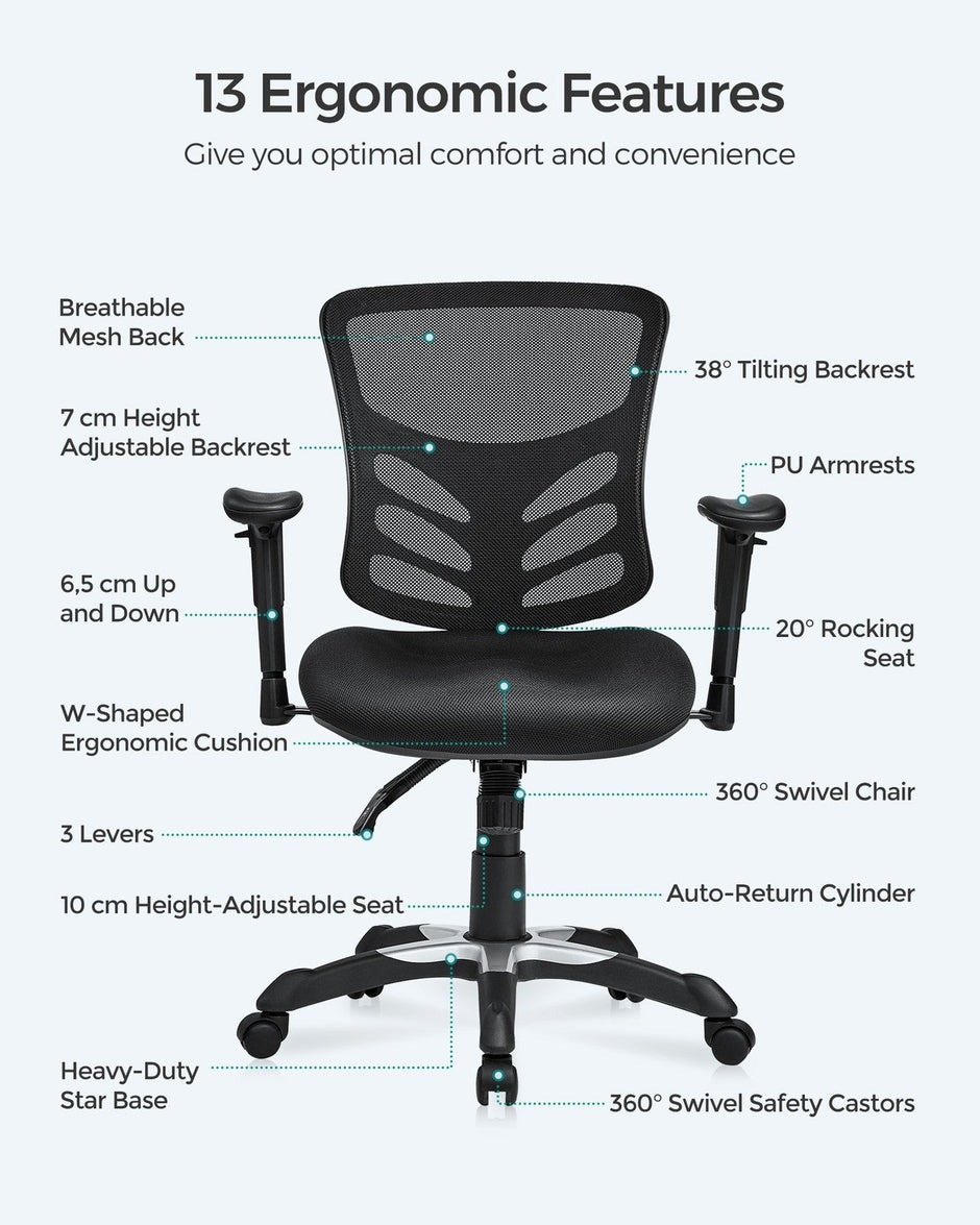 Ergonomic Mesh Office Chair – Mesh – Black – Adjustable Armrests, Height Adjustable Backrest, Tilt Function with Position Lock, Lumbar Support
