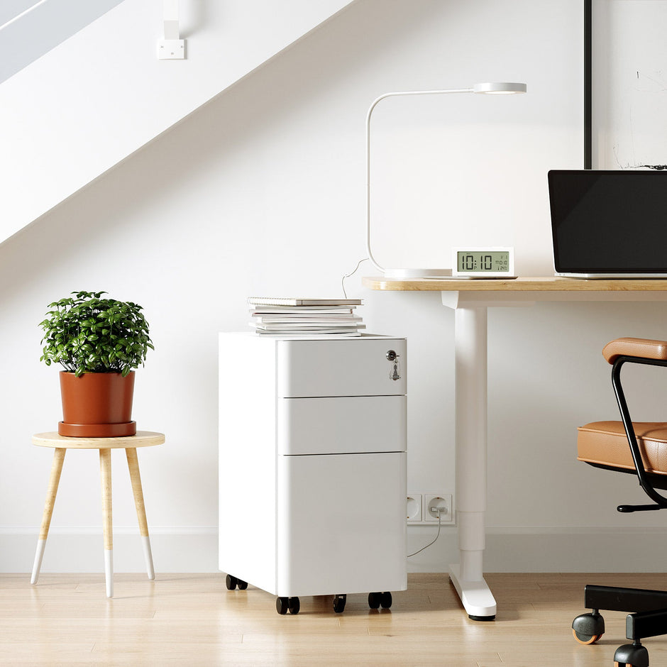 Mobile Filing Cabinet – Wood – White – Lockable with Wheels for A4, Legal, and Letter Sized Documents