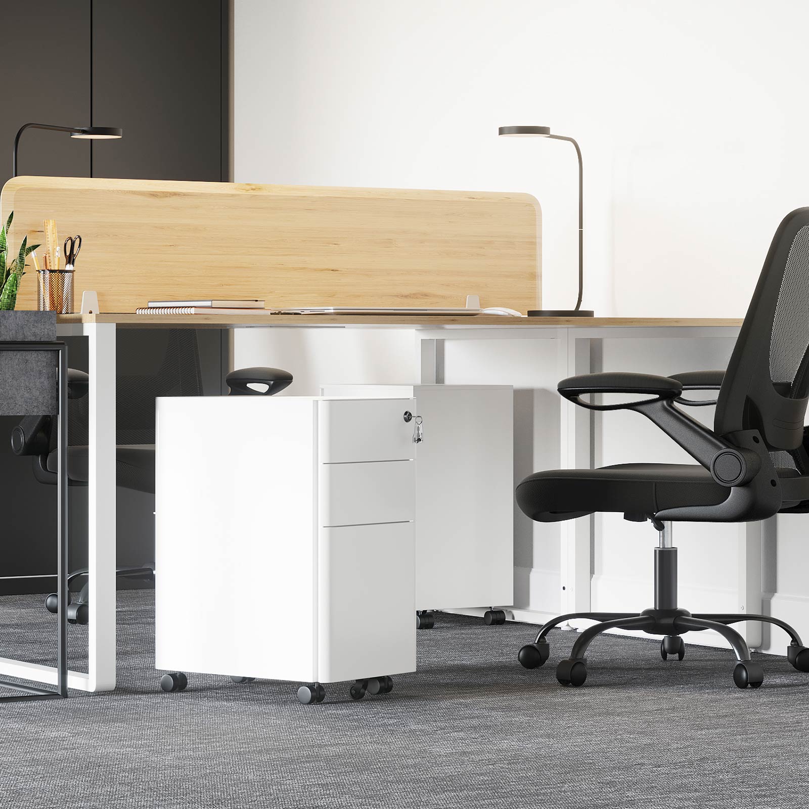 Mobile Filing Cabinet – Wood – White – Lockable with Wheels for A4, Legal, and Letter Sized Documents