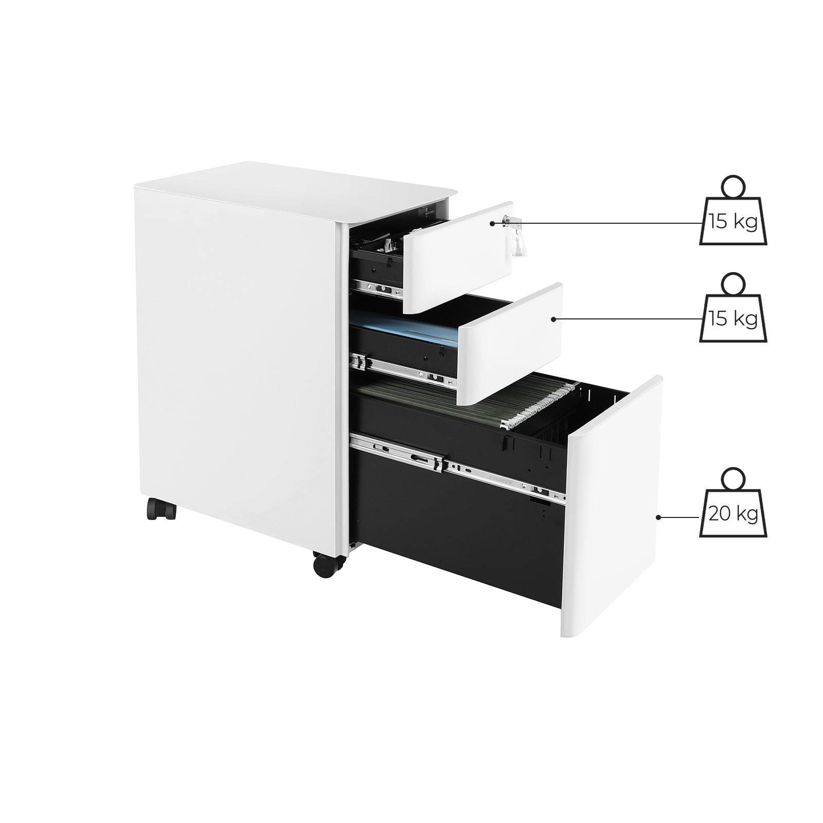 Mobile Filing Cabinet – Wood – White – Lockable with Wheels for A4, Legal, and Letter Sized Documents
