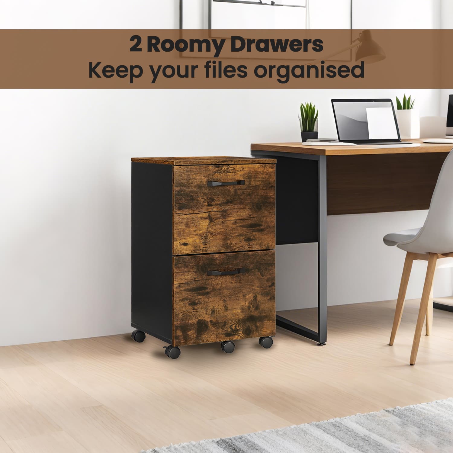Mobile File Cabinet – Wood and Metal – Rustic Brown and Black – Rolling with 2 Drawers