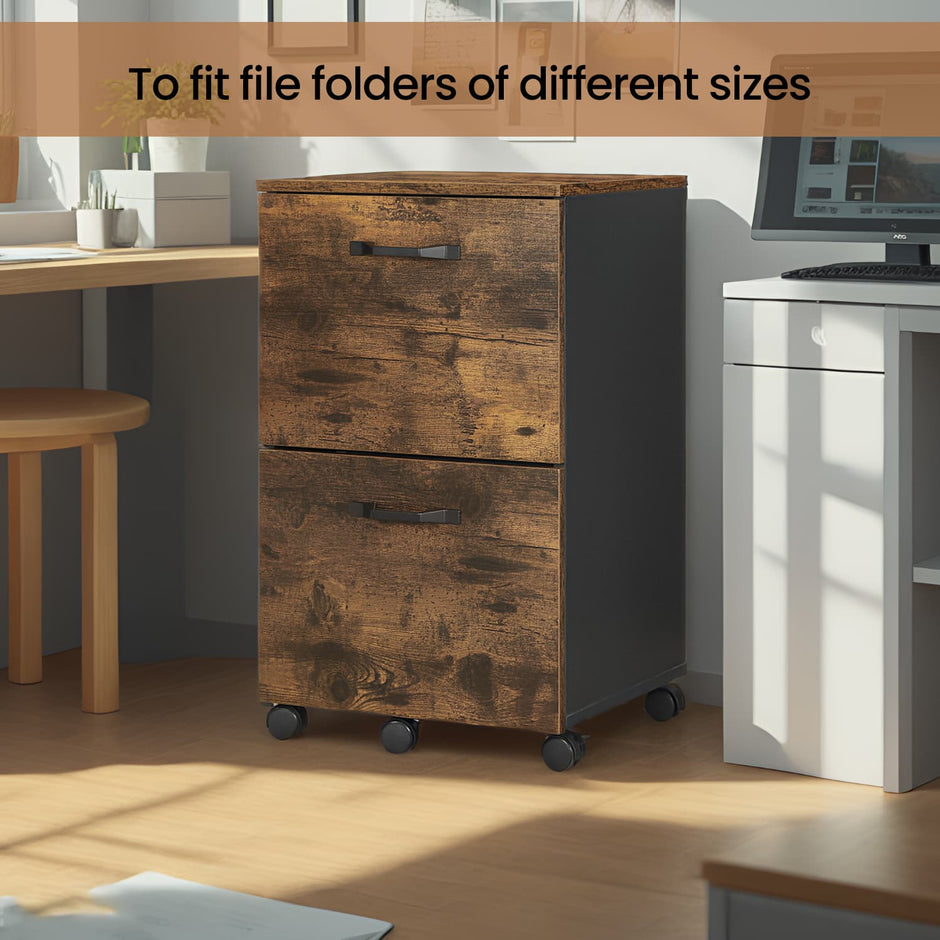 Mobile File Cabinet – Wood and Metal – Rustic Brown and Black – Rolling with 2 Drawers