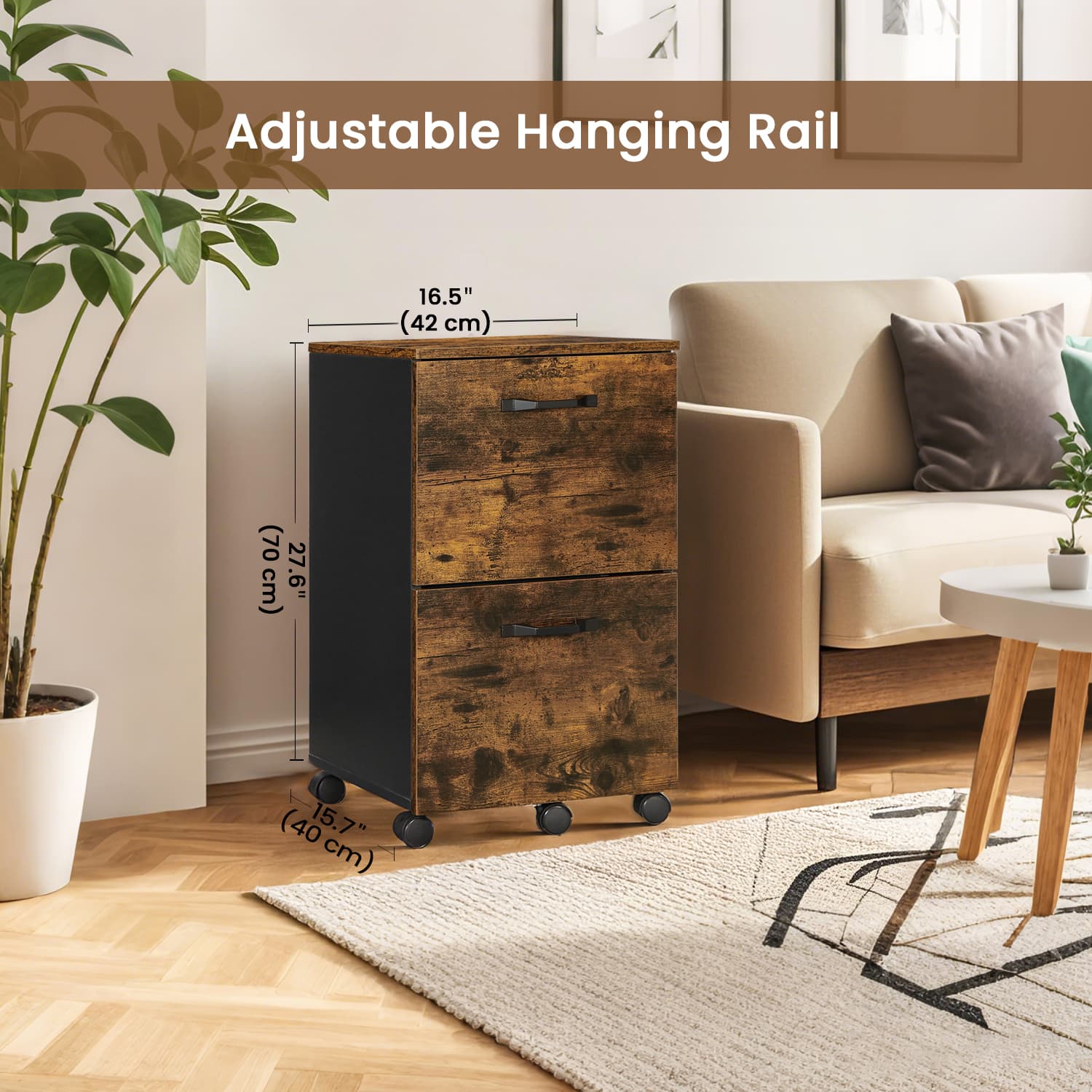 Mobile File Cabinet – Wood and Metal – Rustic Brown and Black – Rolling with 2 Drawers
