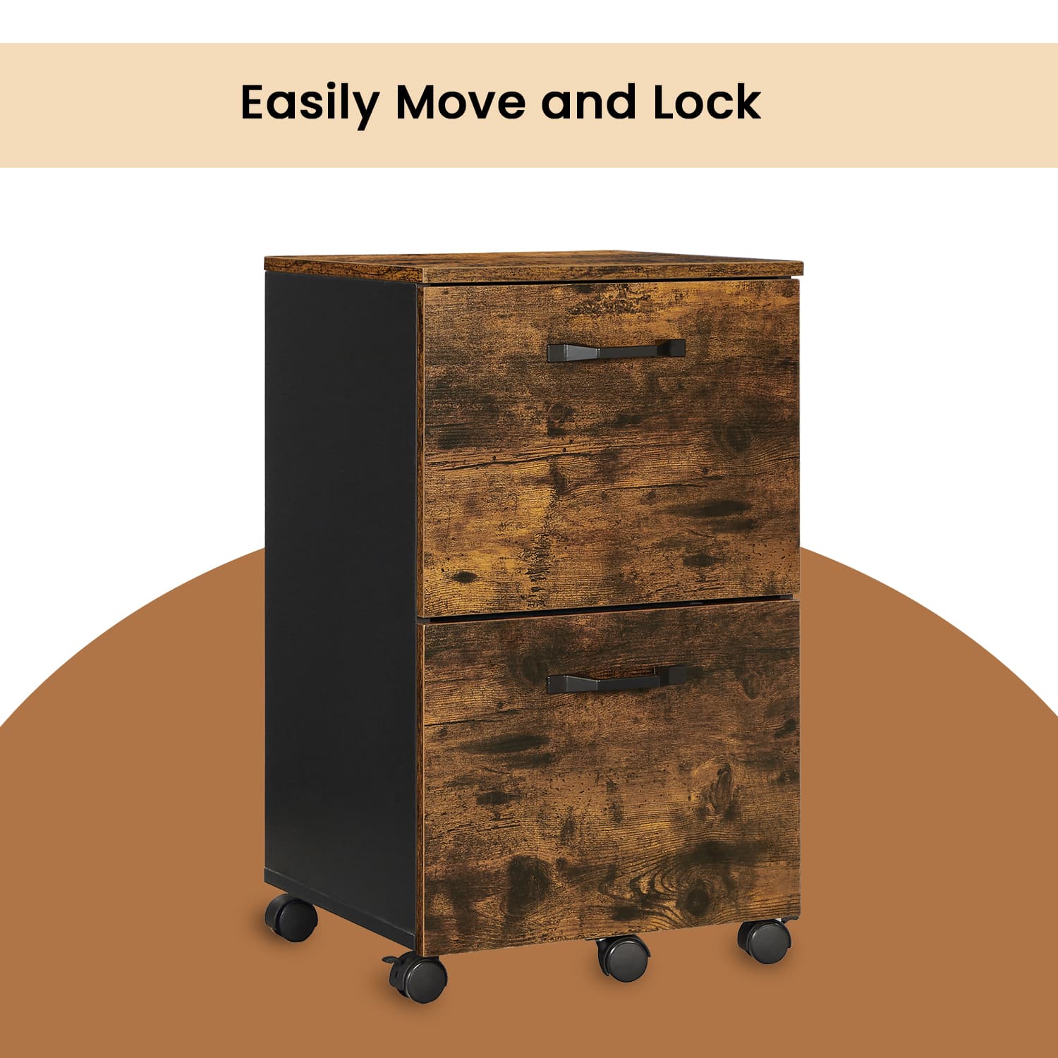 Mobile File Cabinet – Wood and Metal – Rustic Brown and Black – Rolling with 2 Drawers