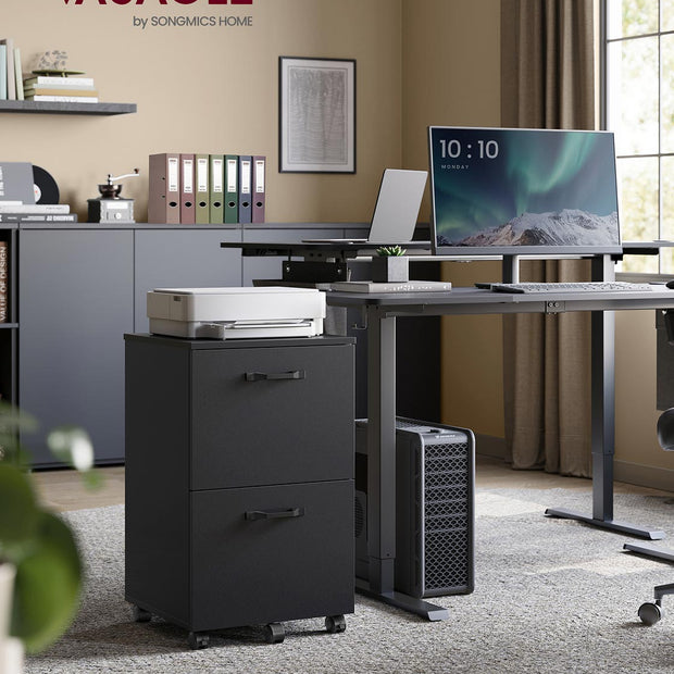2-Drawer Filing Cabinet – Matte Black – Rolling Design for A4 and Letter-Size Files