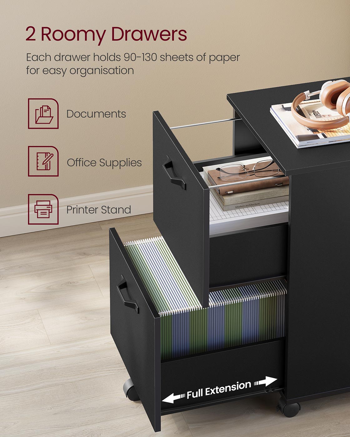 2-Drawer Filing Cabinet – Matte Black – Rolling Design for A4 and Letter-Size Files