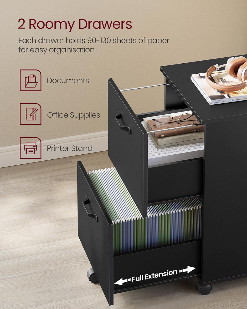 2-Drawer Filing Cabinet – Matte Black – Rolling Design for A4 and Letter-Size Files