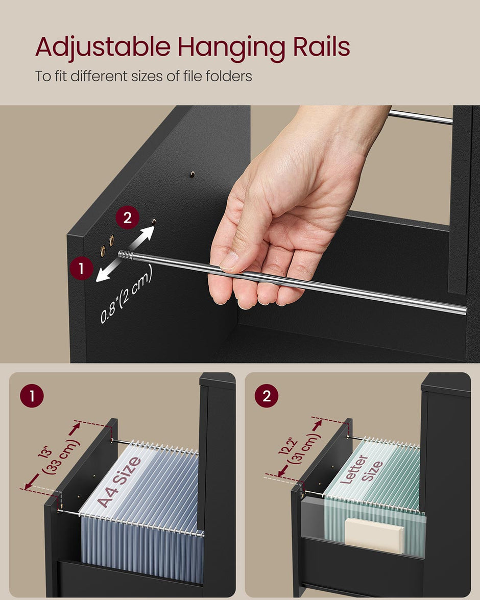 2-Drawer Filing Cabinet – Matte Black – Rolling Design for A4 and Letter-Size Files