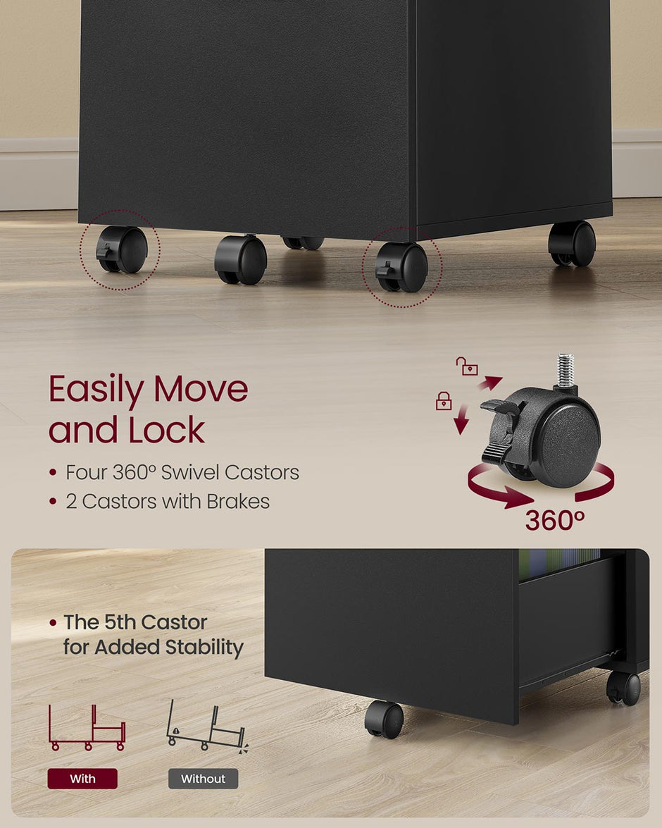 2-Drawer Filing Cabinet – Matte Black – Rolling Design for A4 and Letter-Size Files