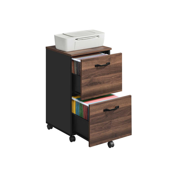2-Drawer Filing Cabinet – Wood – Natural Walnut and Ink Black – Rolling Design for A4 and Letter Sized Documents