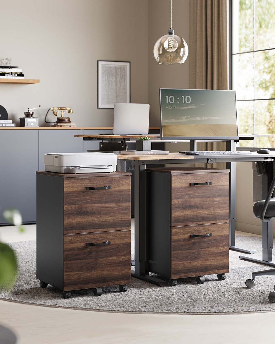 2-Drawer Filing Cabinet – Wood – Natural Walnut and Ink Black – Rolling Design for A4 and Letter Sized Documents