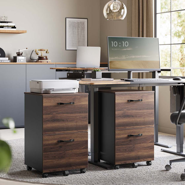 2-Drawer Filing Cabinet – Wood – Natural Walnut and Ink Black – Rolling Design for A4 and Letter Sized Documents