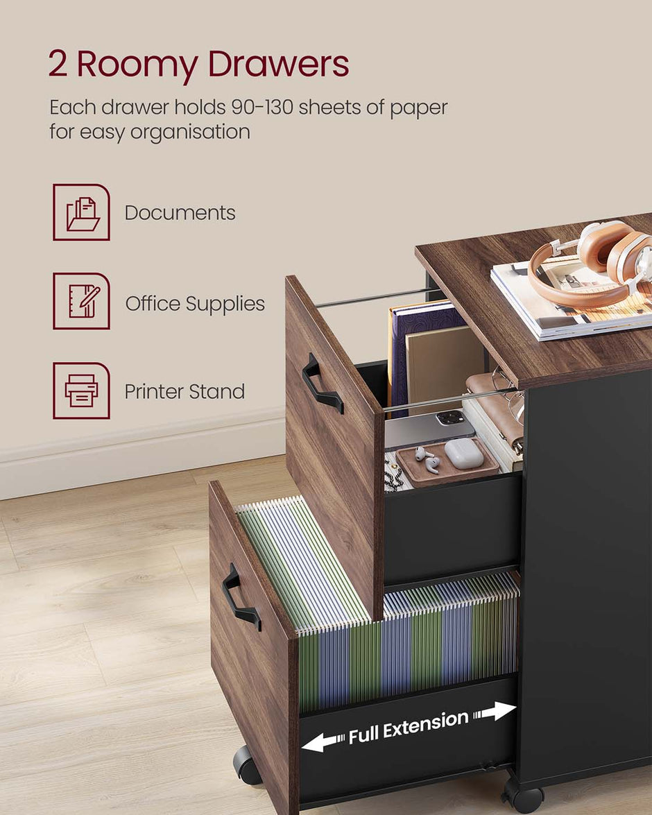 2-Drawer Filing Cabinet – Wood – Natural Walnut and Ink Black – Rolling Design for A4 and Letter Sized Documents