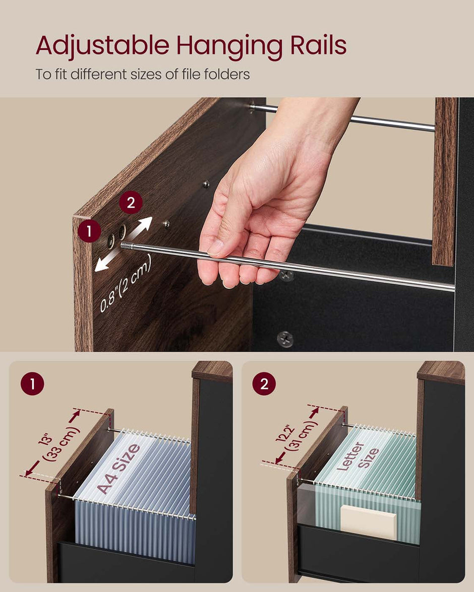 2-Drawer Filing Cabinet – Wood – Natural Walnut and Ink Black – Rolling Design for A4 and Letter Sized Documents