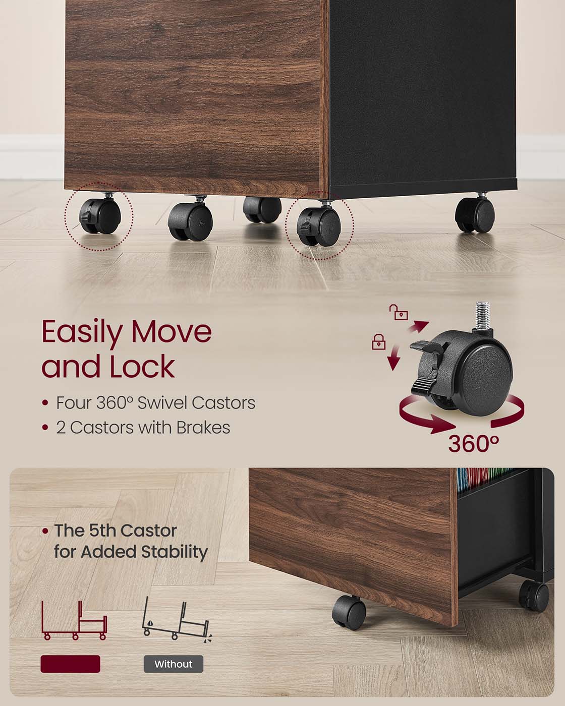 2-Drawer Filing Cabinet – Wood – Natural Walnut and Ink Black – Rolling Design for A4 and Letter Sized Documents