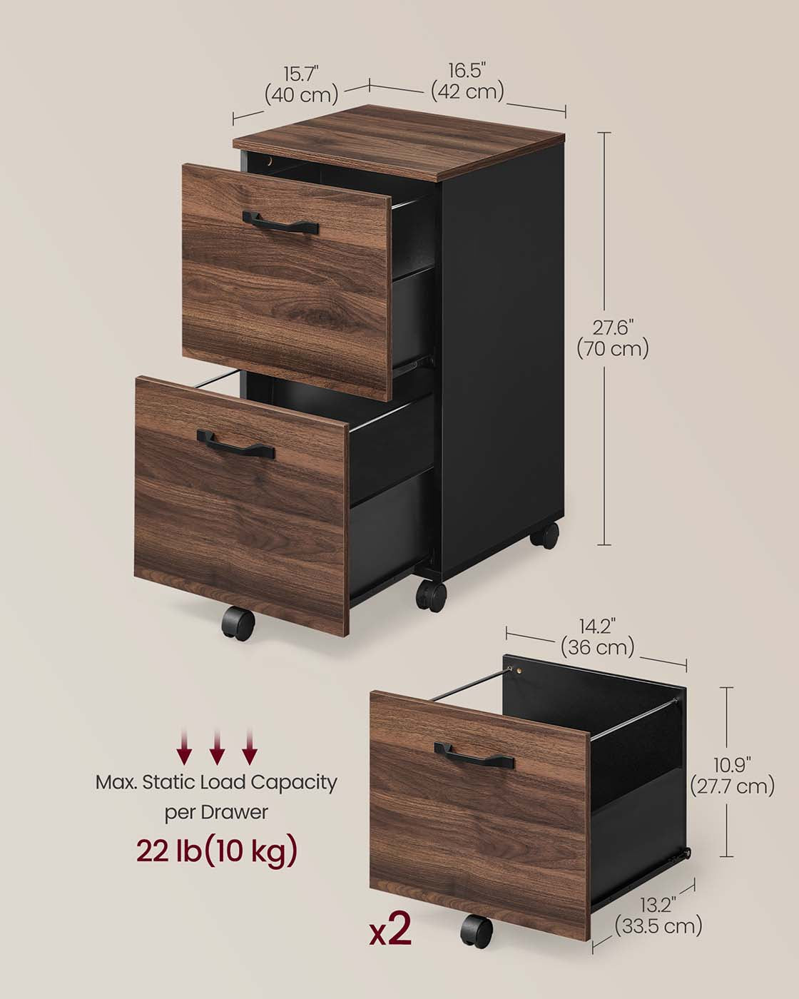 2-Drawer Filing Cabinet – Wood – Natural Walnut and Ink Black – Rolling Design for A4 and Letter Sized Documents