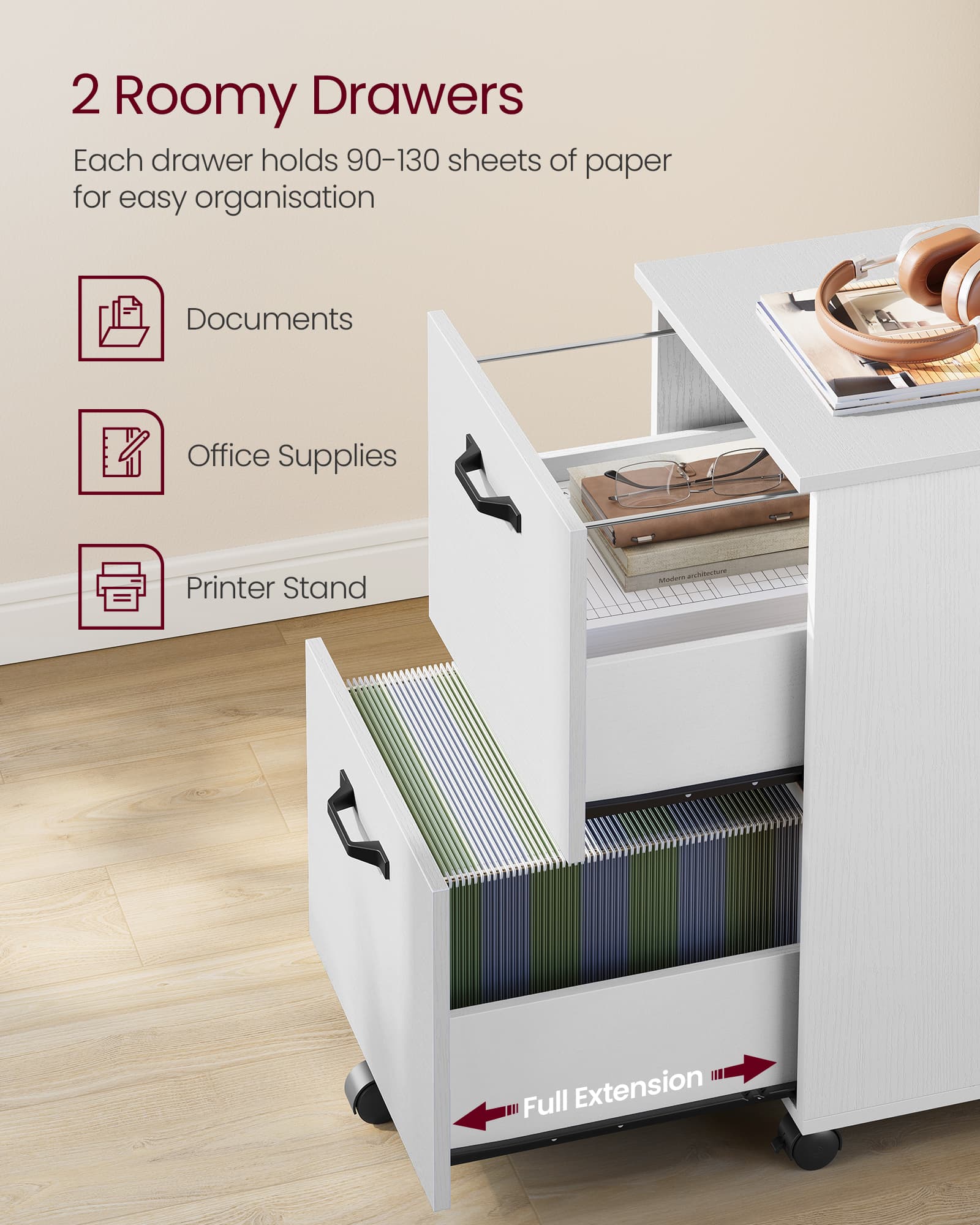 Mobile File Cabinet – Wood and Metal – Rustic Brown and Black – Rolling with 2 Drawers