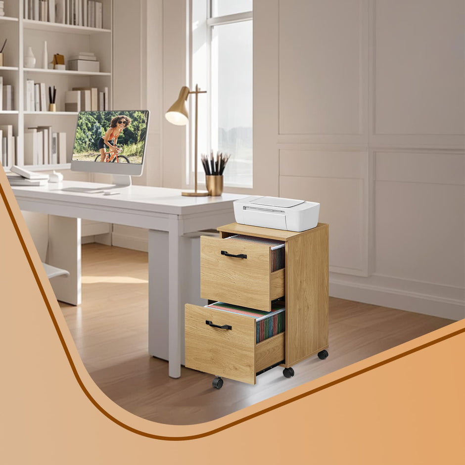 File Cabinet – Wood – Rustic Brown and Black – Industrial Style with 2 Drawers and Rolling Wheels