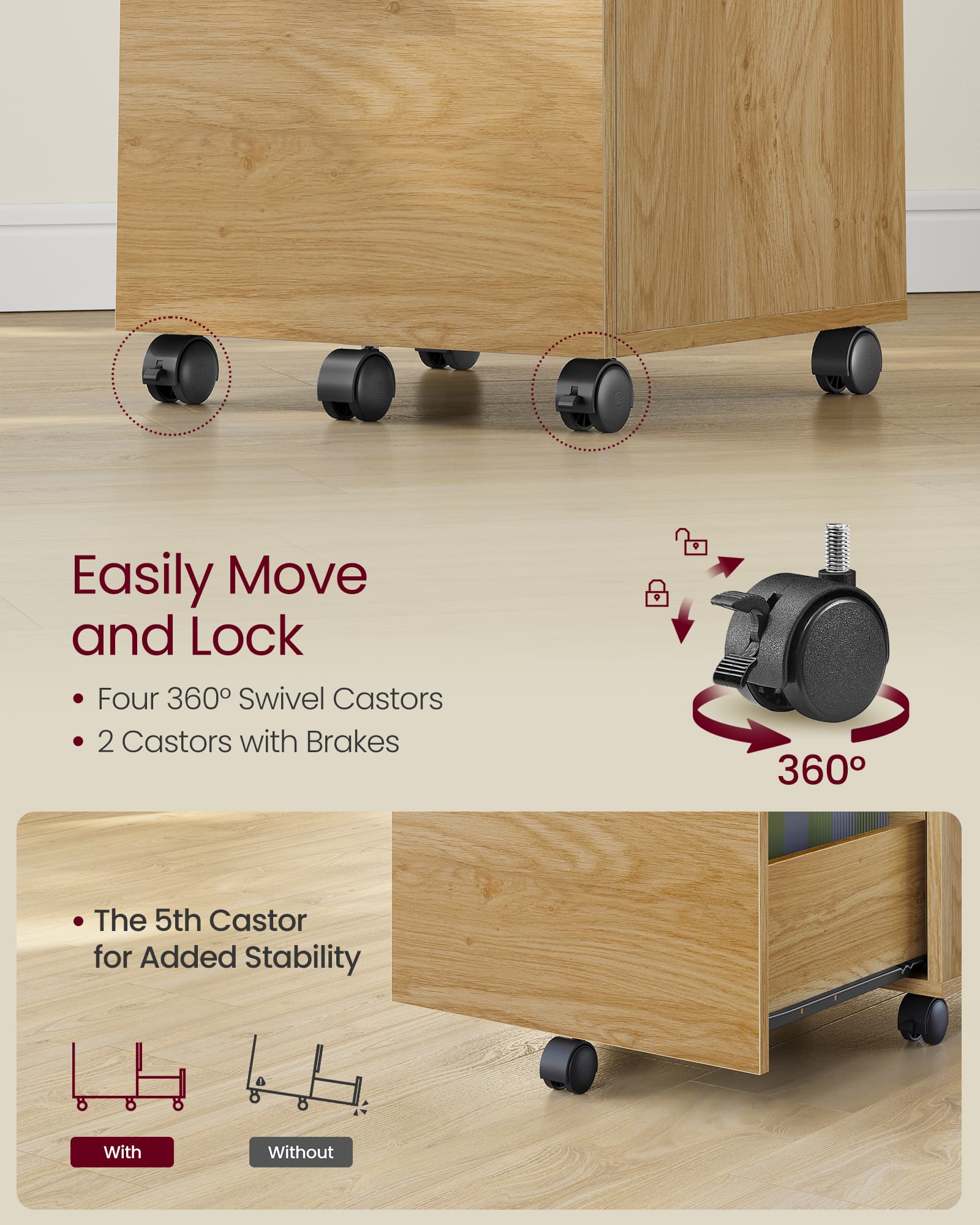Mobile Filing Cabinet – Metal and Wood – Straw Yellow – 2 Drawers with Wheels