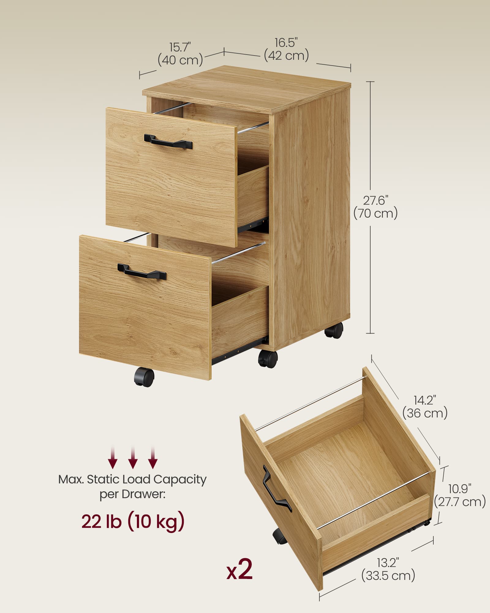 Mobile Filing Cabinet – Metal and Wood – Straw Yellow – 2 Drawers with Wheels