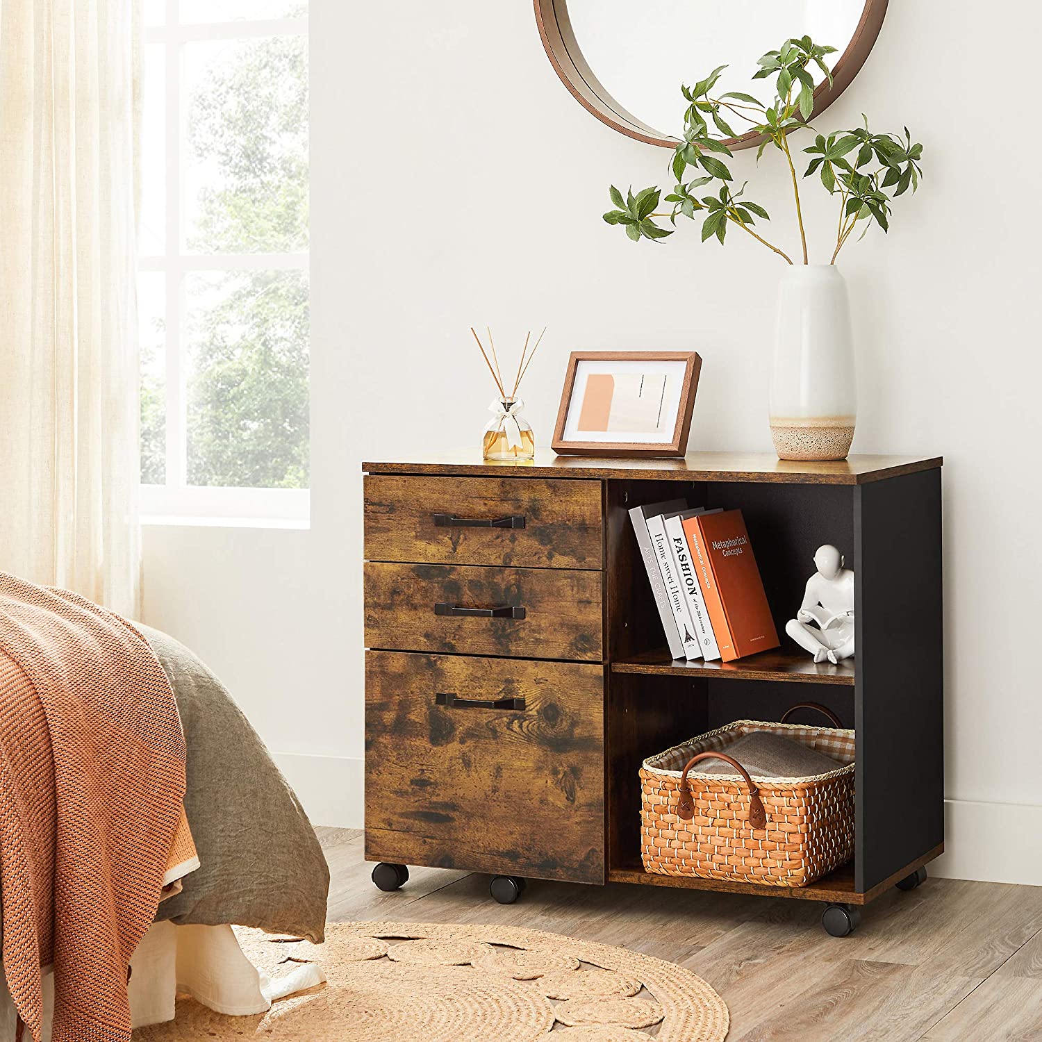 File Cabinet – Wood – Rustic Brown and Black – Mobile with Open Compartments and 3 Drawers