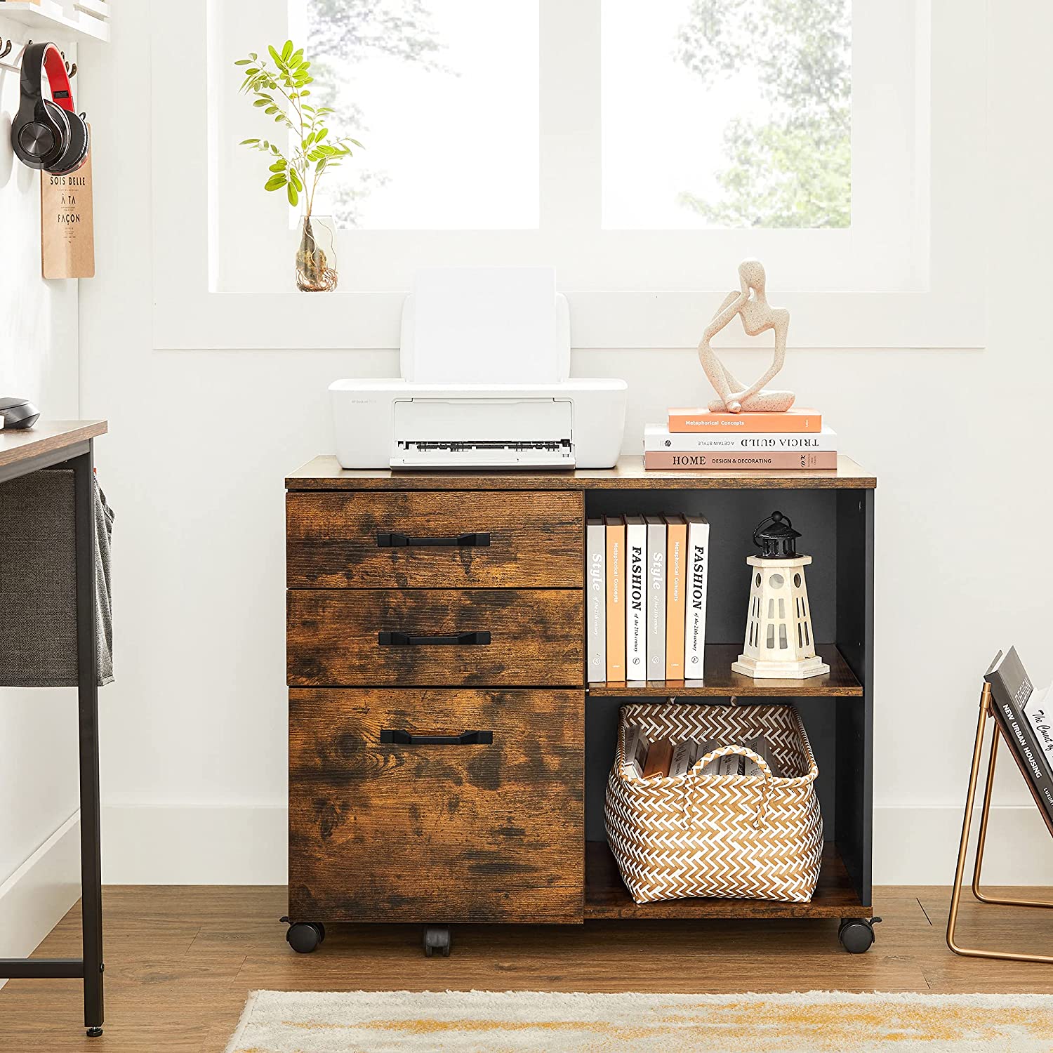File Cabinet – Wood – Rustic Brown and Black – Mobile with Open Compartments and 3 Drawers
