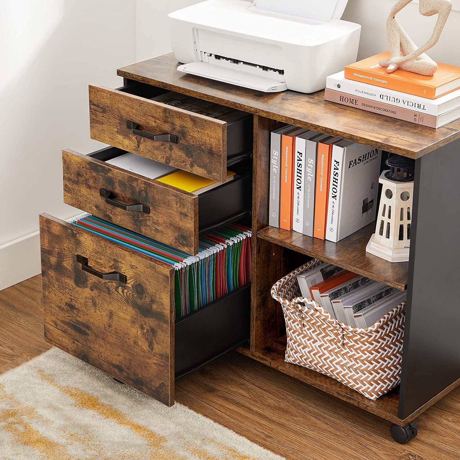 File Cabinet – Wood – Rustic Brown and Black – Mobile with Open Compartments and 3 Drawers